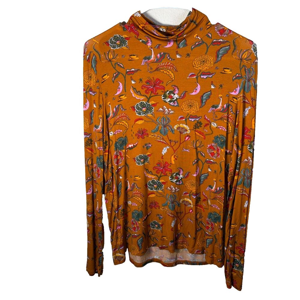 Elie T-Shirt Women's Large Mustard Long Sleeve Mock Neck Floral Boho Top